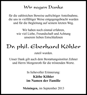 Traueranzeige von Eberhard Köhler von Südthüringer Presse