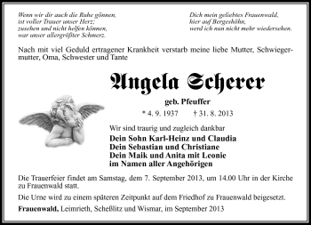 Traueranzeige von Angela Scherer von Südthüringer Presse