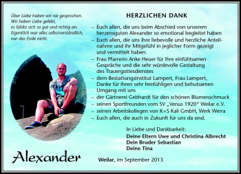 Traueranzeige von Alexander Albrecht von Südthüringer Presse