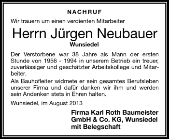 Traueranzeige von Jürgen Neubauer von Frankenpost