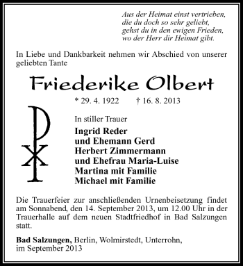 Traueranzeige von Friederike Olbert von Südthüringer Presse