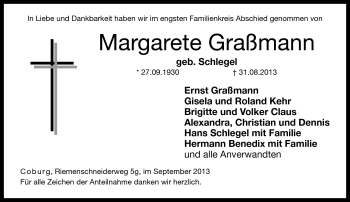 Traueranzeige von Margarete Graßmann von Neue Presse Coburg