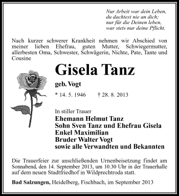 Traueranzeige von Gisela Tanz von Südthüringer Presse