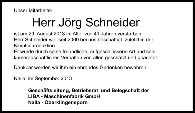  Traueranzeige für Jörg Schneider vom 06.09.2013 aus Frankenpost