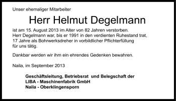 Traueranzeige von Helmut Degelmann von Frankenpost