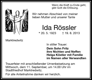 Traueranzeige von Ida Rössler von Frankenpost