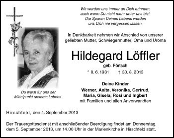 Traueranzeige von Hildegard Löffler von Neue Presse Coburg