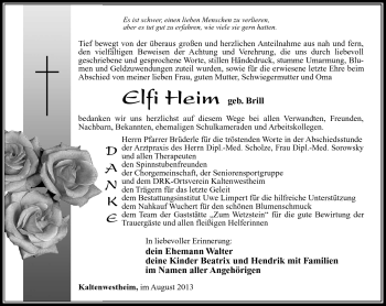 Traueranzeige von Elfi Heim von Südthüringer Presse