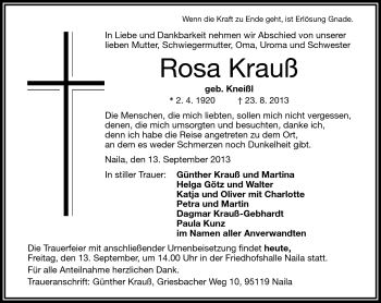 Traueranzeige von Rosa Krauß von Frankenpost
