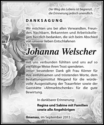 Traueranzeige von Johanna Welscher von Südthüringer Presse