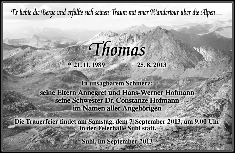  Traueranzeige für Thomas Hofmann vom 04.09.2013 aus Südthüringer Presse