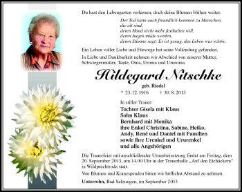 Traueranzeige von Hildegard Nitschke von Südthüringer Presse