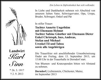 Traueranzeige von Karl Sinn von Südthüringer Presse