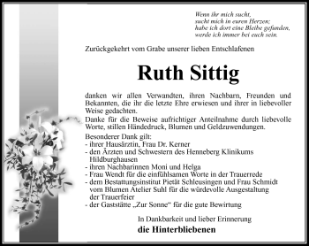 Traueranzeige von Ruth Sittig von Südthüringer Presse