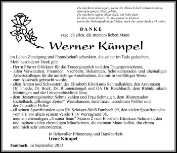 Traueranzeige von Werner Kümpel von Südthüringer Presse