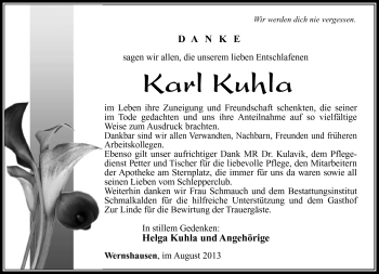 Traueranzeige von Karl Kuhla von Südthüringer Presse