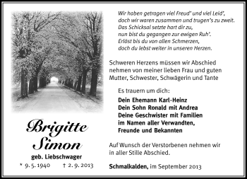 Traueranzeige von Brigitte Simon von Südthüringer Presse
