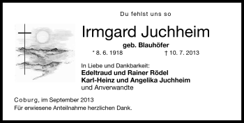 Traueranzeige von Irmgard Juchheim von Neue Presse Coburg