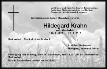 Traueranzeige von Hildegard Krahn von Frankenpost
