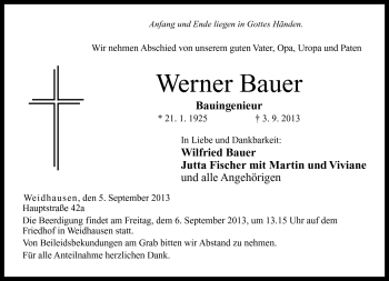 Traueranzeige von Werner Bauer von Neue Presse Coburg