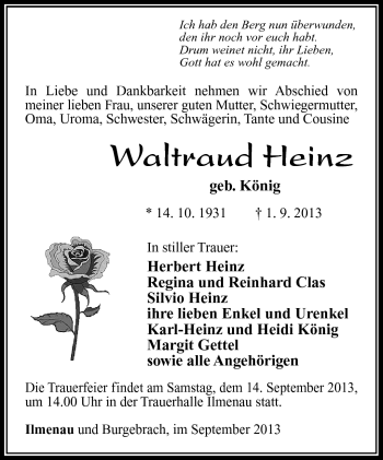 Traueranzeige von Waltraud Heinz von Südthüringer Presse