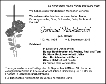 Traueranzeige von Gertraud Ruckdeschel von Frankenpost