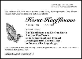 Traueranzeige von Horst Kauffmann von Südthüringer Presse
