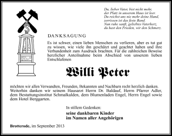 Traueranzeige von Willi Peter von Südthüringer Presse