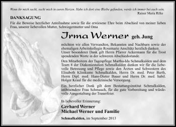 Traueranzeige von Irma Werner von Südthüringer Presse