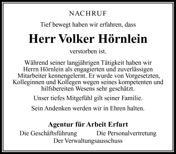 Traueranzeige von Volker Hörnlein von Südthüringer Presse