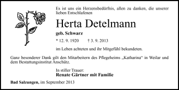 Traueranzeige von Herta Detelmann von Südthüringer Presse