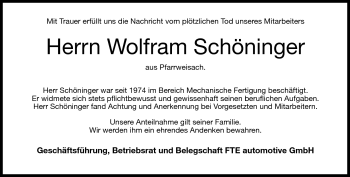 Traueranzeige von Wolfram Schöninger von Neue Presse Coburg