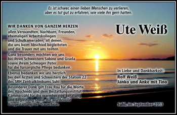 Traueranzeige von Ute Weiß von Südthüringer Presse