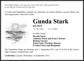 Traueranzeige von Gunda Stark von Südthüringer Presse