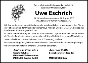 Traueranzeige von Uwe Eschrich von Südthüringer Presse
