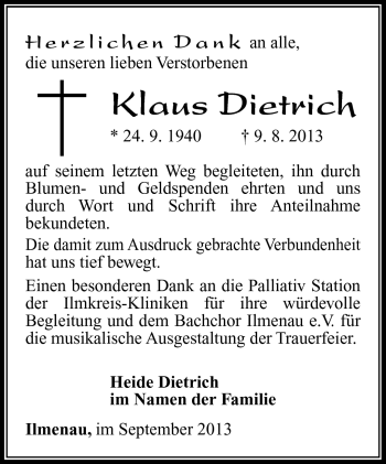 Traueranzeige von Klaus Dietrich von Südthüringer Presse