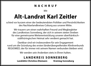Traueranzeige von Karl Zeitler von Südthüringer Presse