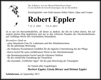 Traueranzeige von Robert Eppler von Südthüringer Presse