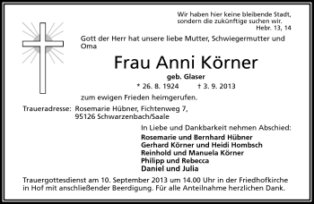 Traueranzeige von Anni Körner von Frankenpost