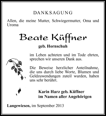 Traueranzeige von Beate Küffner von Südthüringer Presse