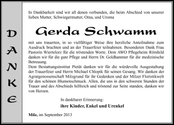 Traueranzeige von Gerda Schwamm von Südthüringer Presse