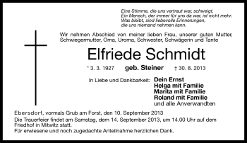 Traueranzeige von Elfriede Schmidt von Neue Presse Coburg