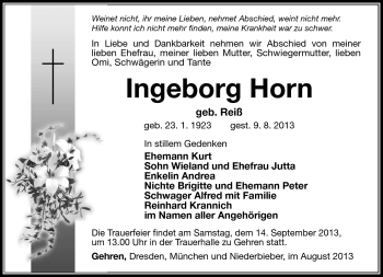 Traueranzeige von Ingeborg Horn von Südthüringer Presse
