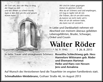 Traueranzeige von Walter Röder von Südthüringer Presse