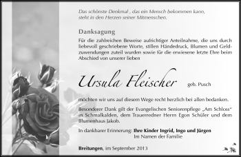 Traueranzeige von Ursula Fleischer von Südthüringer Presse