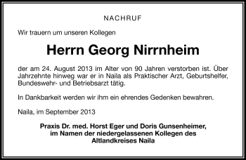 Traueranzeige von Georg Nirrnheim von Frankenpost