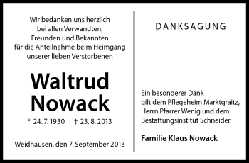 Traueranzeige von Waltrud Nowack von Neue Presse Coburg