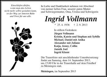 Traueranzeige von Ingrid Vollmann von Südthüringer Presse