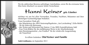 Traueranzeige von Hanni Keiner von Südthüringer Presse