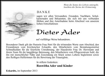 Traueranzeige von Dieter Ader von Südthüringer Presse